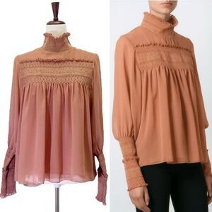See By Chloé Smocked High-Neck Blouse Dusty Pink Boho Chic Size EU 36 (US 4)